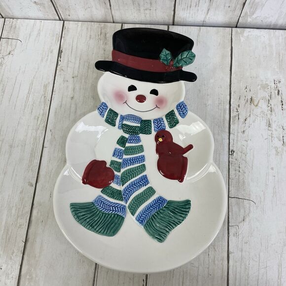 Hallmark Holiday Snowman & Red Bird Ceramic Candy Dish Or Wall Hanging Vintage - Picture 1 of 7